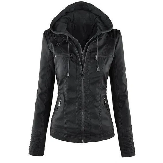 Womens Leather Button-Up Collar Jacket