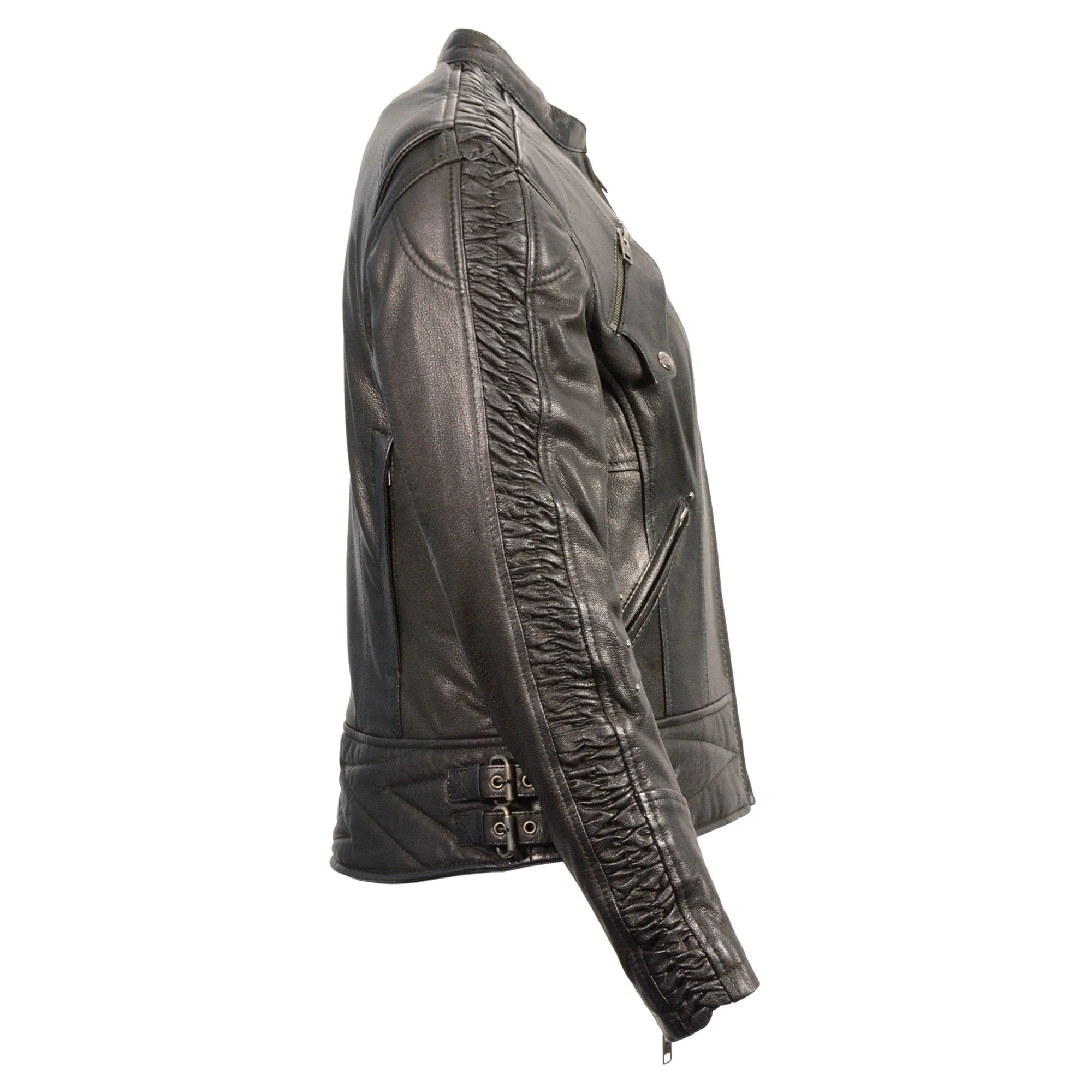 Women’s Lightweight Black Racer Jacket w/ Crinkled Arm Detailing