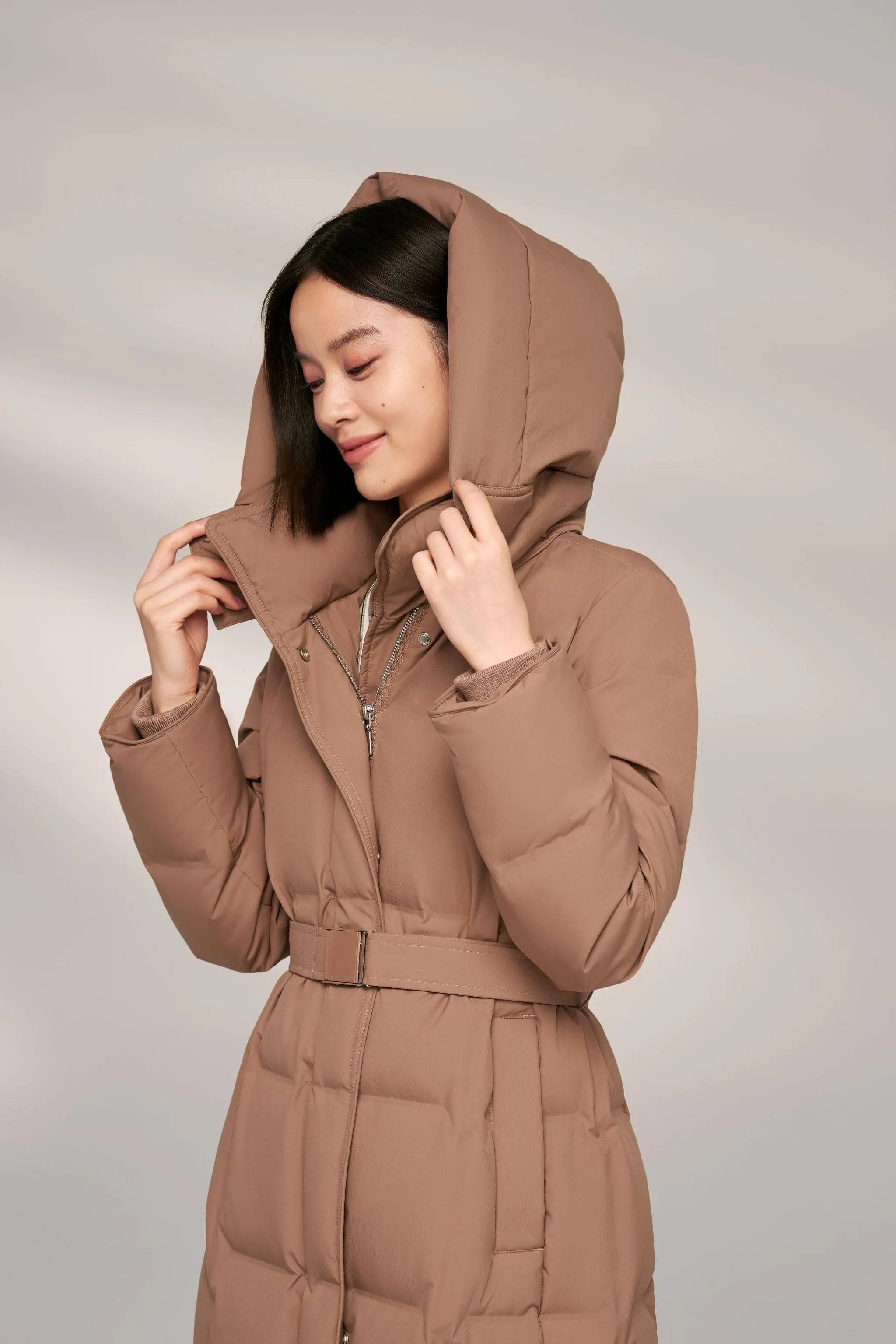 Women’s Patterned Long Goose Down Coat With Belt