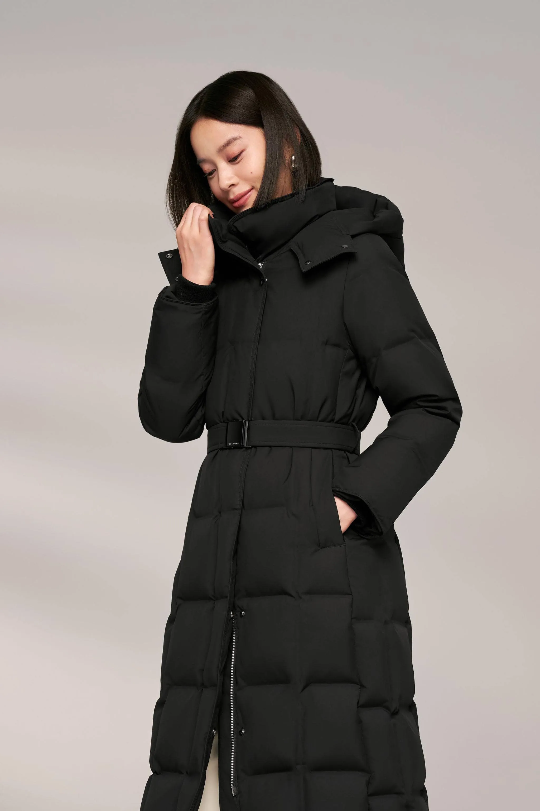 Women’s Patterned Long Goose Down Coat With Belt